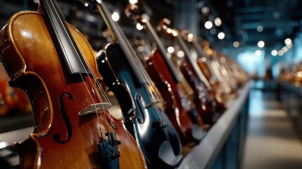 A line of violins in various colors sits in a display case, showcasing the instruments in a music store during the daytime