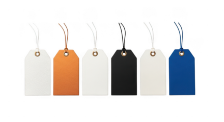 A row of six blank price or gift tags in assorted colors isolated on transparent background
