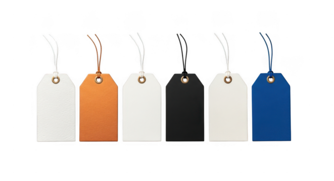 A row of six blank price or gift tags in assorted colors isolated on transparent background