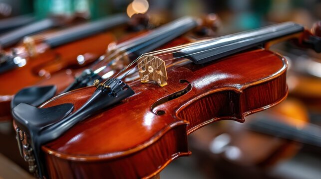 Many polished brown violins sit in a row. The bridges, fingerboards, and tuning pegs are clearly visible on the instruments