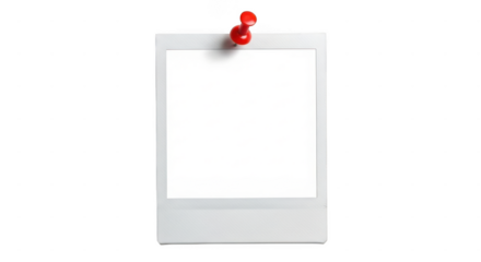 Blank instant film photo frame attached to a surface with a red pushpin, isolated on transparent background