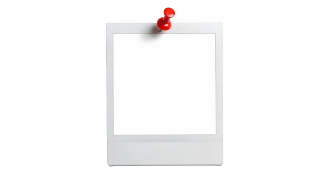 Blank instant film photo frame attached to a surface with a red pushpin, isolated on transparent background