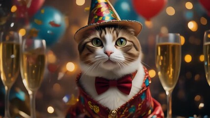 Brown tabby cat celebrates with champagne, festive hat, red bow tie and costume at party with balloons and bokeh lights background. - Powered by Adobe