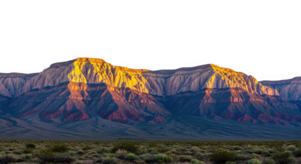 Red rock mountain range illuminated by golden hour sunlight above desert scrubland isolated on transparent background