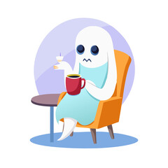 Vector illustration of a fictional ghost sitting on a chair and drinking coffee