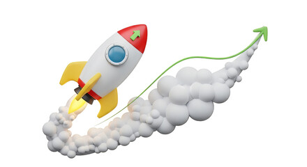 3d rocket launch illustration with upward trending green arrow against a representing growth and success in business ventures on transparent background