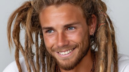 A handsome man smiles gently. He has dreadlocks, a beard, and blue eyes. He wears a white shirt and looks to the side