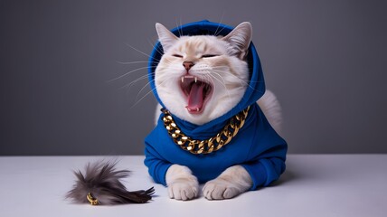 Funny cat wearing a blue hoodie and gold chain yawning widely