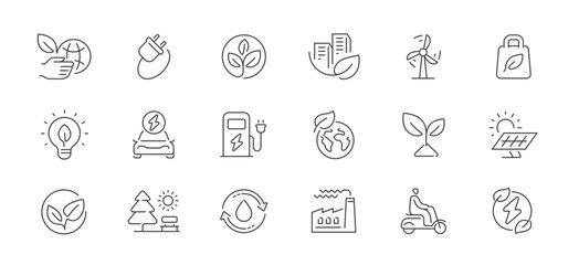 Ecology thin line icons. Green technologies, eco electric energy concept. Environment outline vector symbols and signs