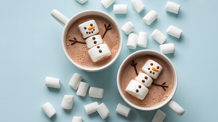 Two cute marshmallow snowmen in hot chocolate cups with scattered marshmallows
