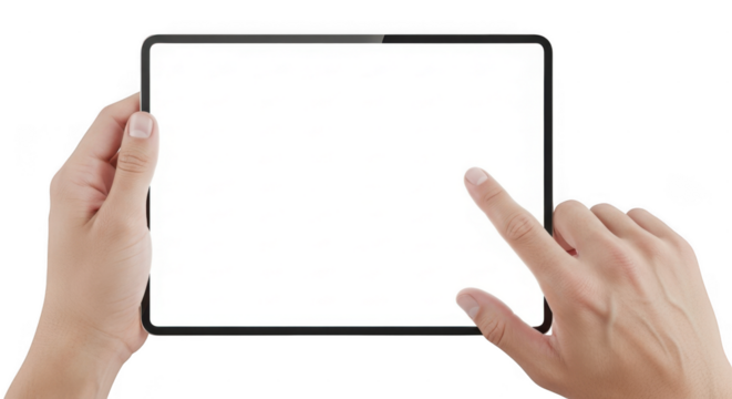 Person holding a foldable smartphone with a blank screen and touching it, isolated on transparent background
