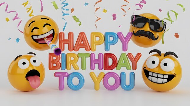 Happy birthday to you with funny emoji faces and confetti