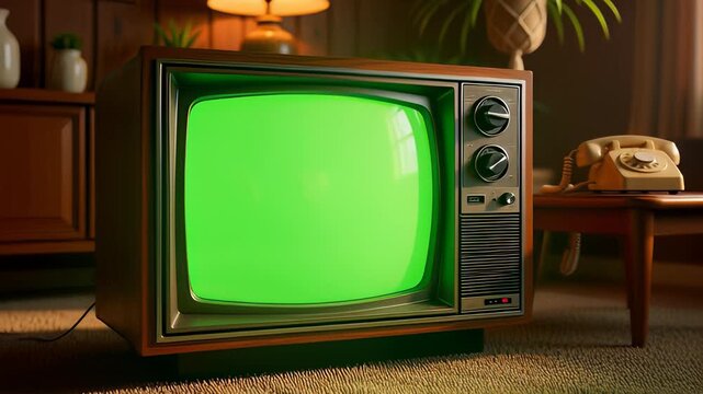 Vintage television set with a green screen chroma key display in a cozy retro living room with warm sunlight, offering copy space for video replacement.