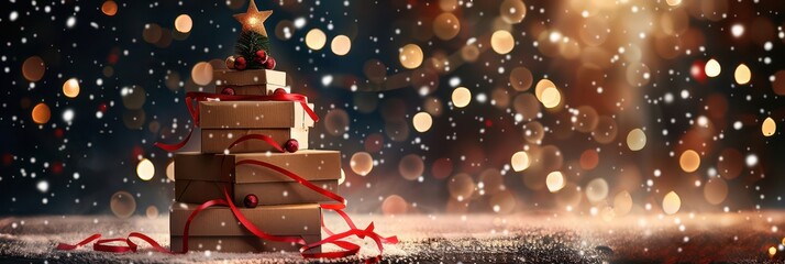 Creative christmas tree made from cardboard boxes with festive decorations and sparkling lights. Blurred background, bokeh effect. Horizontal banner. Copy space. Free space for text. Boxing Day