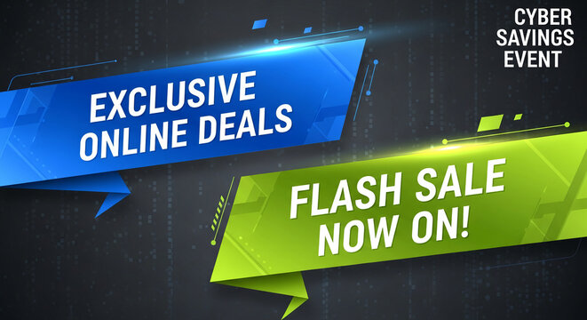 Two angled banners, blue and green, display promotional text against a dark, digital backdrop, representing special offers and marketing campaigns