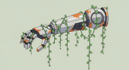 Overgrown Cybernetic Arm A Fusion of Technology and Nature in Detailed Illustration