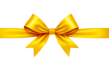 Golden Yellow Satin Ribbon Bow on Solid Background: Premium Luxury Silk Fabric for Gift Wrap and Decoration