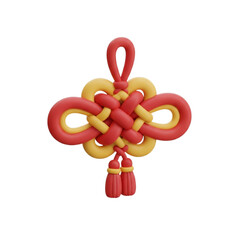 Traditional Chinese knot in 3D rendering style. Auspicious red and yellow good luck charm for Lunar New Year celebration, isolated design element