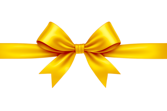 Golden Yellow Satin Ribbon Bow on Solid Background: Premium Luxury Silk Fabric for Gift Wrap and Decoration