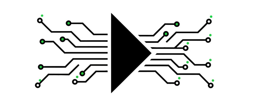 Ai play button icon with digital circuit lines | A black play button icon integrated with electronic circuit board lines and green data points on a white background.
