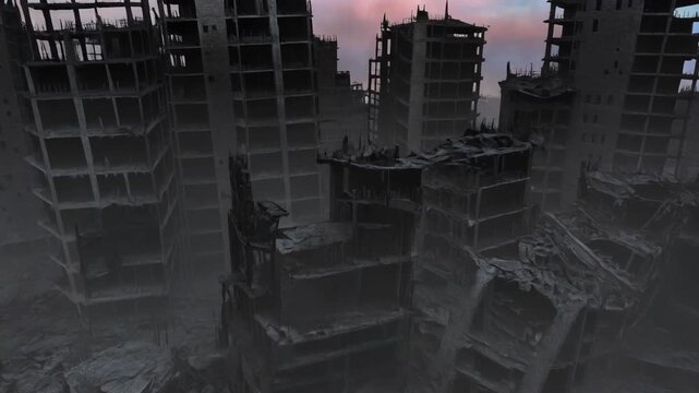Cityscape of ruined buildings after catastrophic event, aerial view of deteriorated urban environment with dust and rubble.