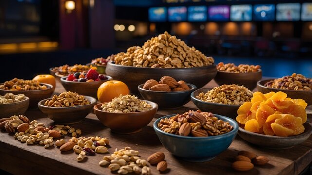 a delicious array of healthy nuts, fruits, and snacks presented in rustic bowls and plates