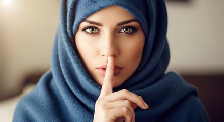 Beautiful woman in hijab gestures for silence and secrecy.