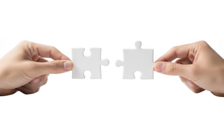 Two hands holding white puzzle pieces about to connect them isolated on transparent background