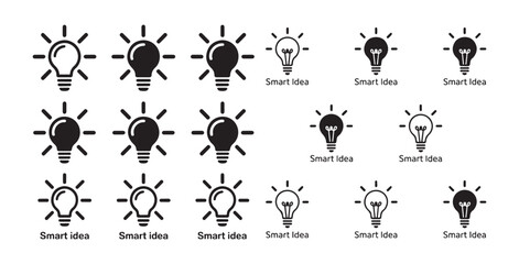 Set of black and white lightbulb icons representing smart idea, innovation and creativity
