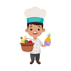 Smiling cartoon boy chef character holding a basket of fucka chotpoti
