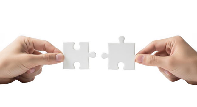Two hands holding white puzzle pieces about to connect them isolated on transparent background