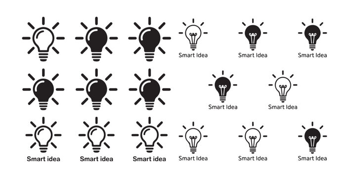 Set of black and white lightbulb icons representing smart idea, innovation and creativity