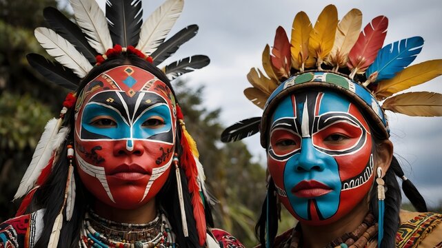 Two individuals wearing vibrant traditional face paint and feathered headdresses, embodying cultural heritage and pride. Their gaze conveys strength and resilience. 