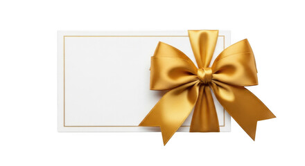 Fototapeta premium Blank white gift card or tag with a large shiny golden satin bow isolated on transparent background