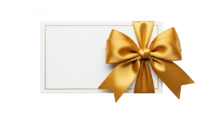Blank white gift card or tag with a large shiny golden satin bow isolated on transparent background