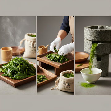 Fresh green tea leaves are sorted by hand and stone-ground into vibrant matcha powder, illustrating a traditional tea-making workflow.
