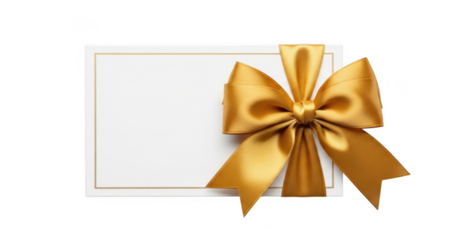 Blank white gift card or tag with a large shiny golden satin bow isolated on transparent background