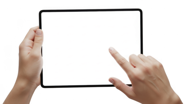 Two hands holding a modern digital tablet with a blank white screen, isolated on transparent background