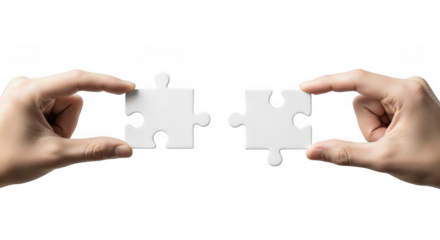 Two hands holding separate white puzzle pieces about to connect isolated on transparent background