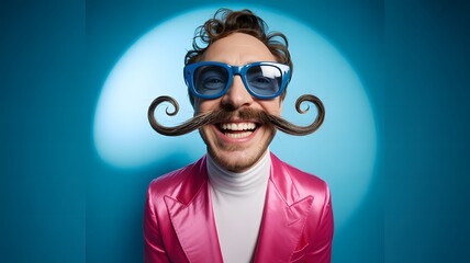 Man with large curly mustache and blue sunglasses wearing a pink jacket