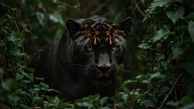 A powerful black jaguar stealthily moves through a dense, verdant jungle setting showcasing wild feline elegance and natural predator behavior.