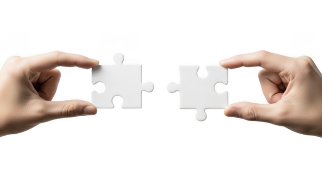 Two hands holding separate white puzzle pieces about to connect isolated on transparent background