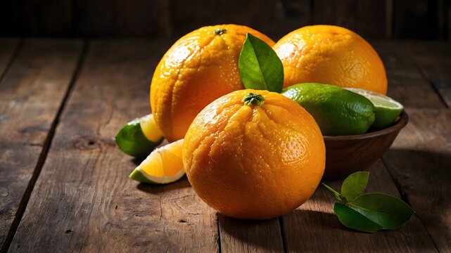 vibrant close-up of oranges and limes arranged on a rustic wooden surface. The scene is illuminated by natural light - Powered by Adobe