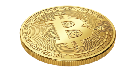 Golden bitcoin coin representing cryptocurrency blockchain technology and digital finance for investment and trading on transparent background