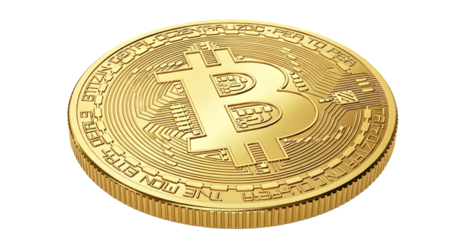 Golden bitcoin coin representing cryptocurrency blockchain technology and digital finance for investment and trading on transparent background