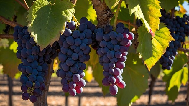 close-up of ripe grapes hanging on vine in vineyard, bathed in sunlight. The grapes are a deep purple color, and the leaves are a vibrant green