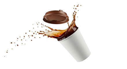 Coffee spills from a white paper cup with a brown lid creating a dynamic splash effect in a studio shot on transparent background