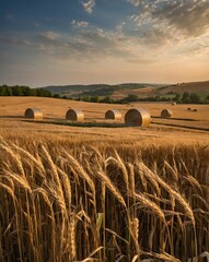 Golden wheat field with hay bales under a sky. The scene evokes a sense of peace and natural beauty