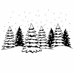 Black and white drawing of snow covered pine tree line isolated on