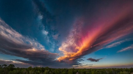 Vibrant colorful sky during sunset, with clouds and landscape